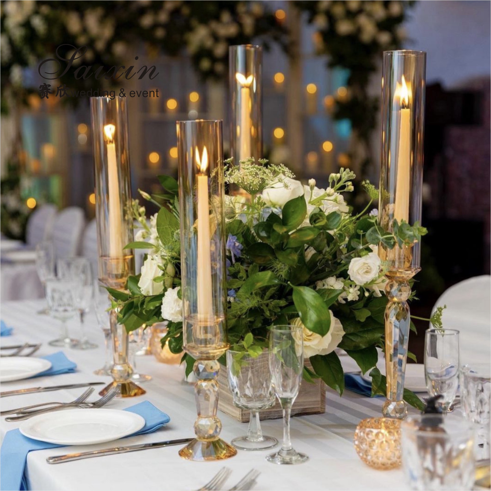 Clear Crystal Taper Wedding Candle Holder Wedding Table Decoration 3pcs Set 29CM