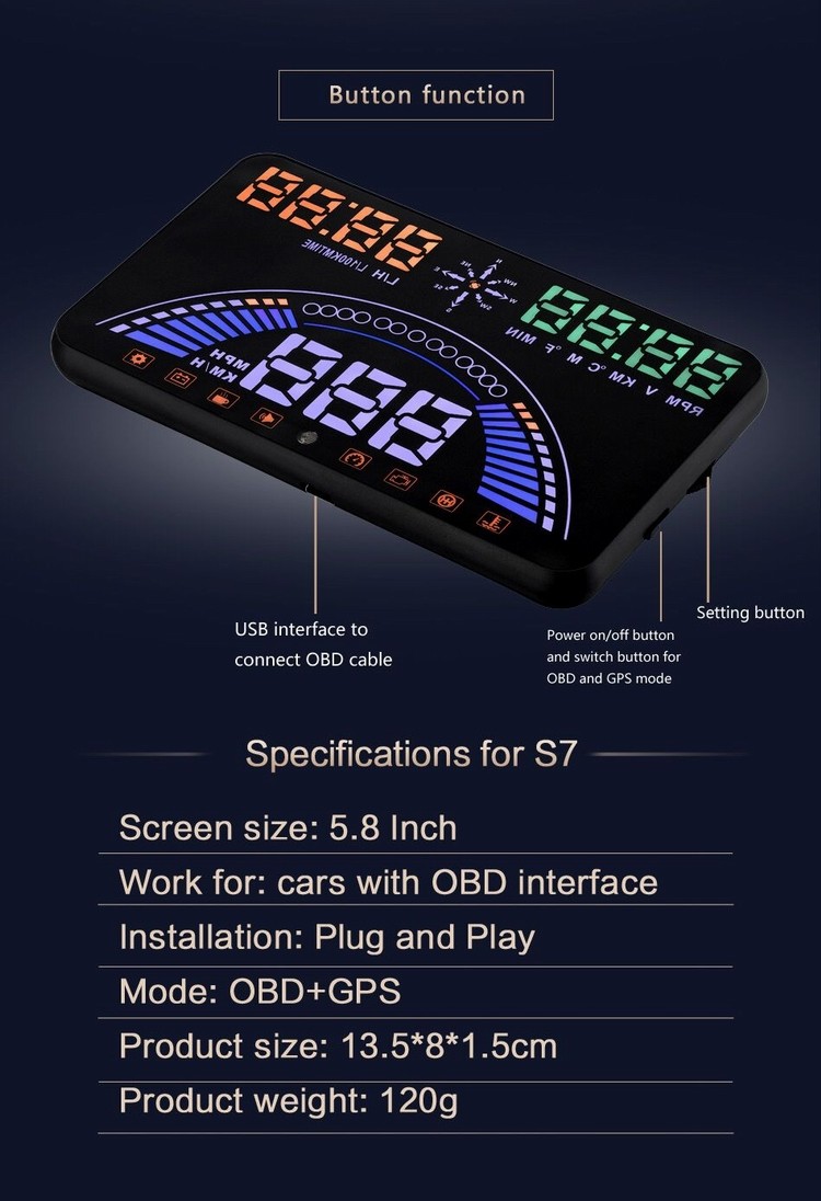 Ouchuangbo S7 HUD Head Up Display Combing OBD and GPS Two Systems Engine Fault Alarm Dynamic Speed Over Warning