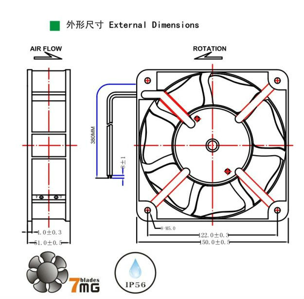 Axial Flow Fan 150mm x 150mm x 51mm with High Temperature AC Axial fan Dual Ball Bearing