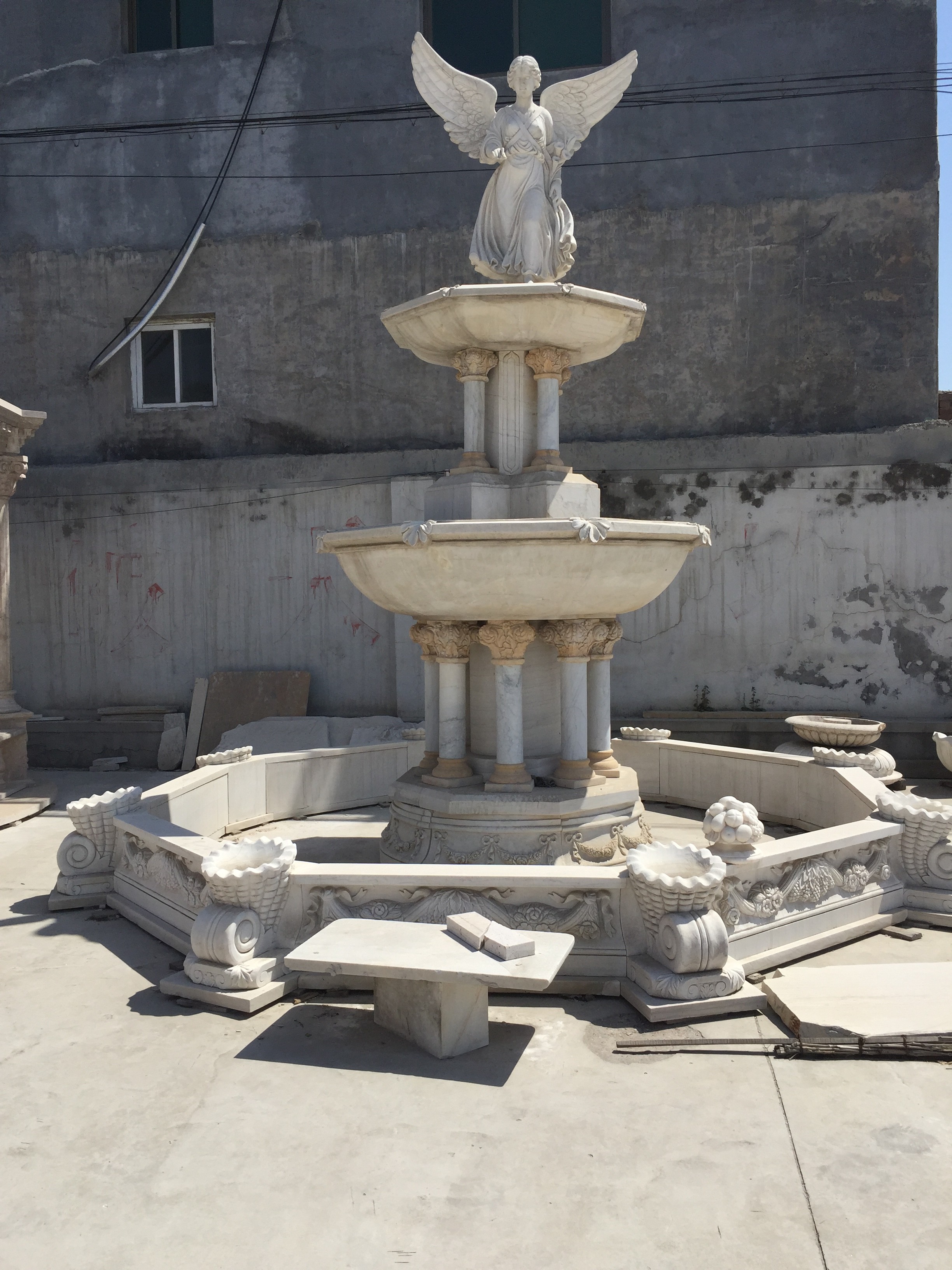 Angel With Wings Statue Carved Stone Marble Fountain Column