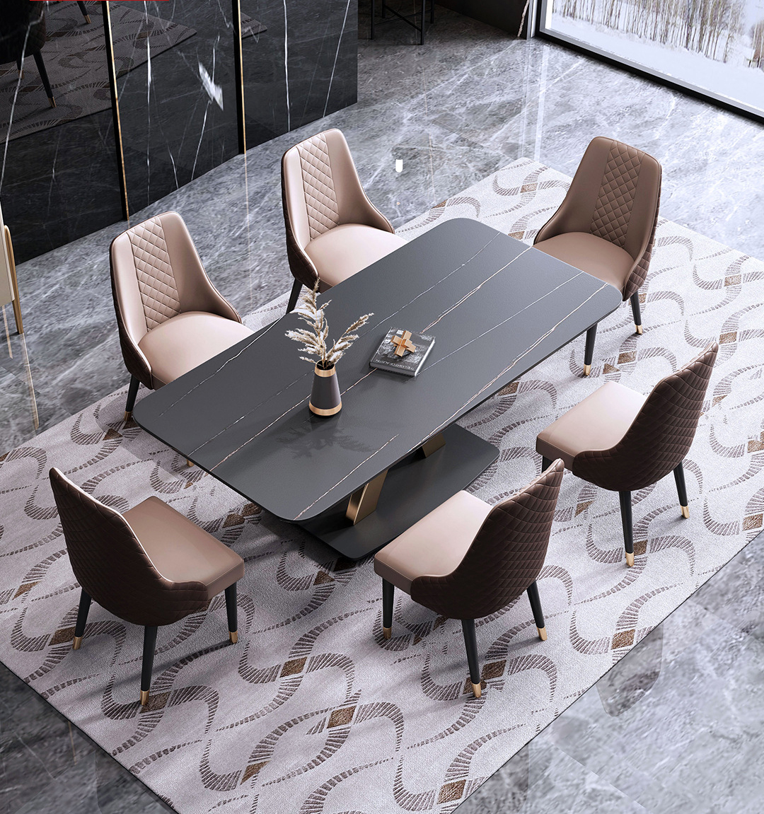 OEM Black Dining Table Marble Onyx Modern Furniture