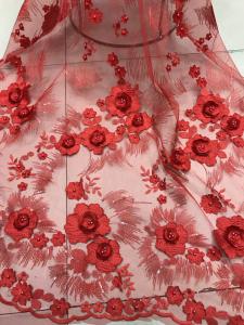 China Red 3D Flower Embroidered Tulle Lace Fabric / Wedding Dresses Sequins Beaded Lace wholesale