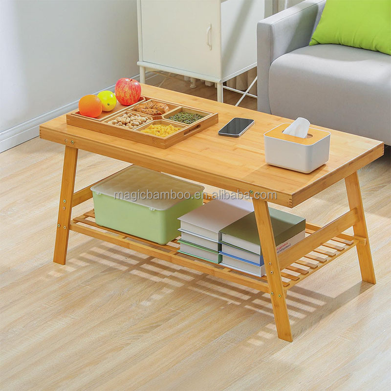 50x100x48.5cm Bamboo Dual Tier Coffee Table With Open Storage Shelf For In Living Room