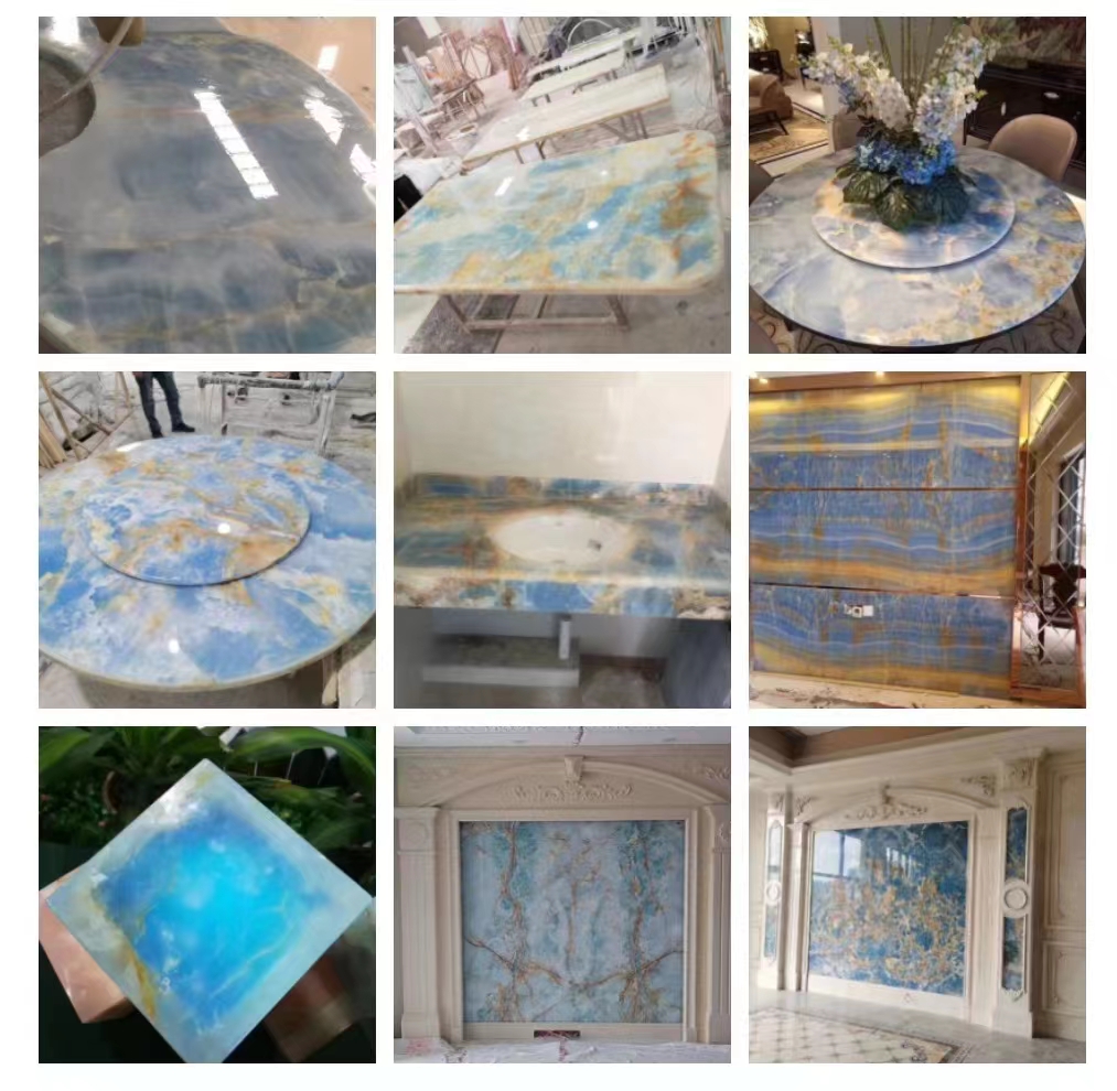 Natural Translucent Blue Onyx Stone Slab for TV Background Wall Panel in Golden Blue