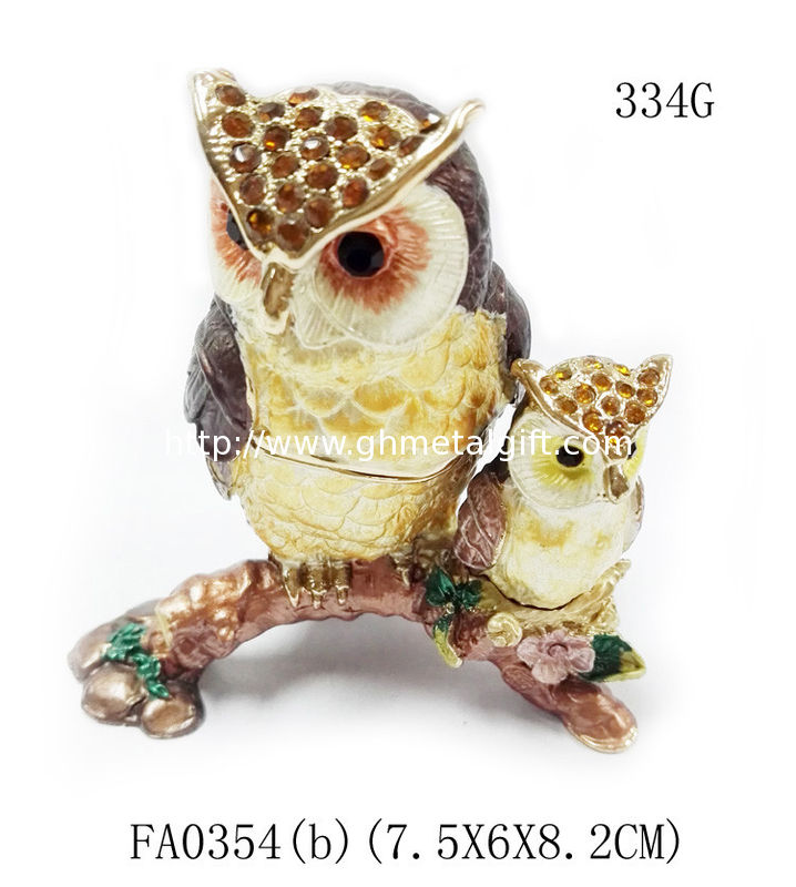 Mun and baby owl bird jewelry box enamel owl trinket jewelry owl decorative box trinket box