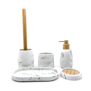 China Marble Look Polyresin Bathroom Accessories Set Waterdrop Shape With Wood Parts wholesale