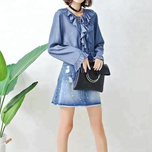 China Fashion Ruffle Tie Denim Blouses And Tops , Women's Denim Shirts Long Sleeve wholesale