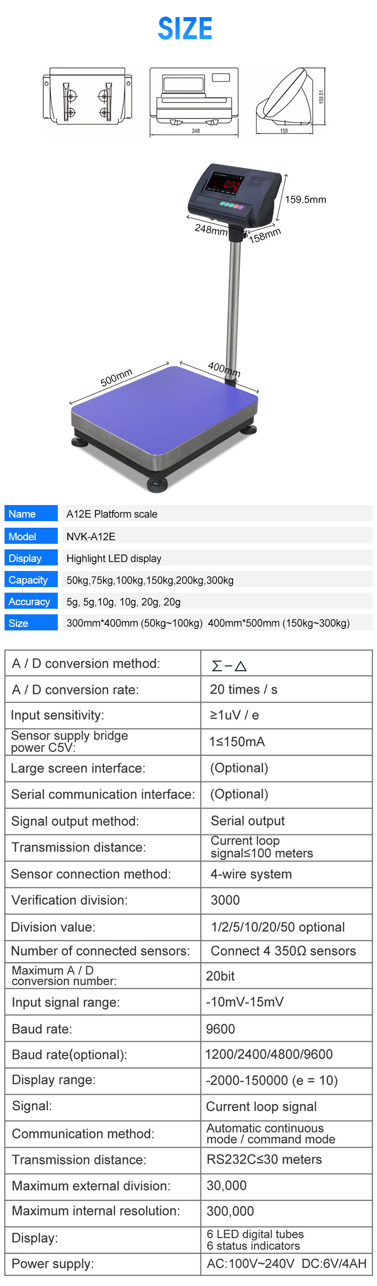30-500KG Black Indicator Smart Analytical Platform Scale Waterproof Scale High Accurracy Platfrom Scale