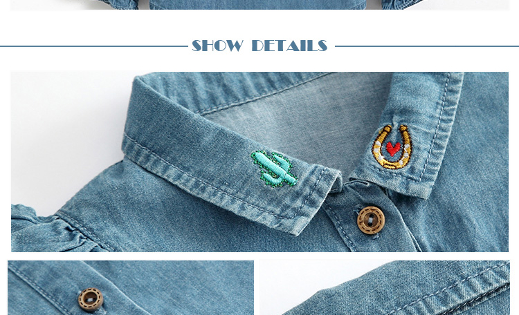 100% Cotton Children Slim Fit Long Ruffles Sleeve Denim Tops With Wood Button Closure