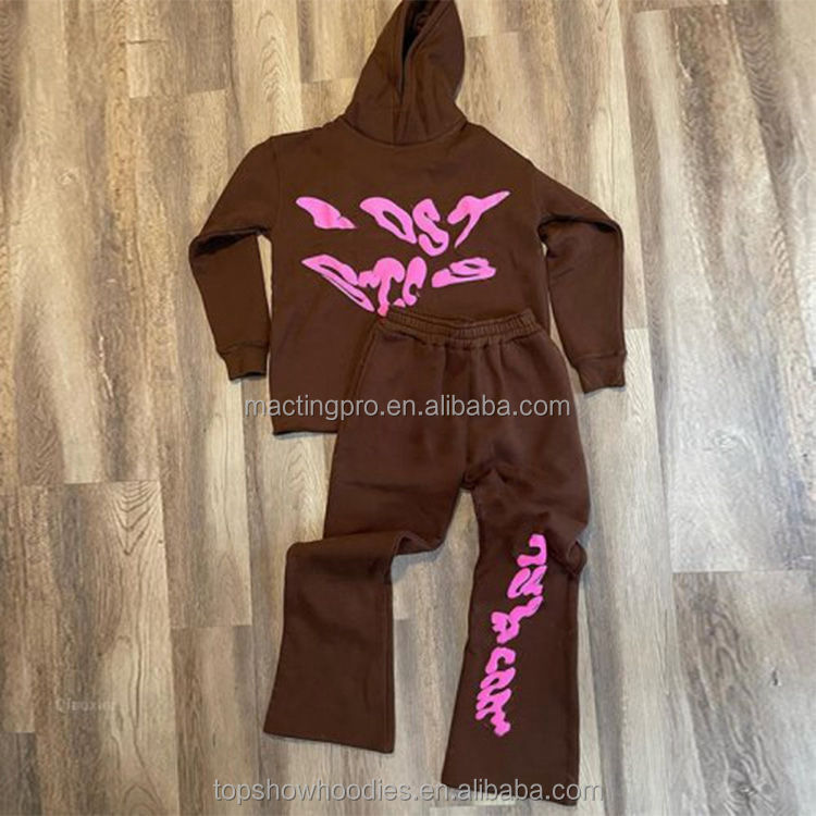 Men'S 3D Puff Print Flared Sweatpants And Cropped Hoodie Set For Tracksuit