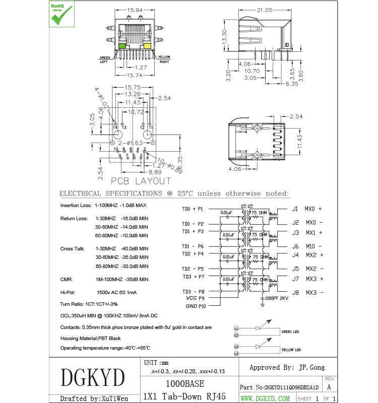 Gigabit rj45 connector female 1000Mb Ethernet jack with magnetics Y/G LED