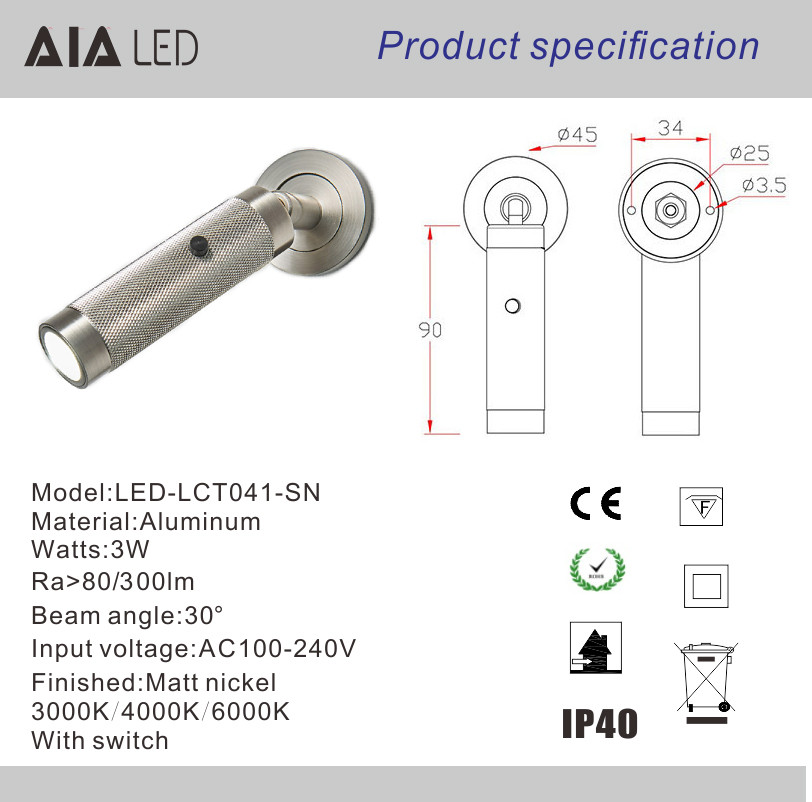 3W Luxury Gold Led Reading Light AC100-240V Bedroom Bedside Lighting Illumination Hotel Home Villa Sconces hotel light