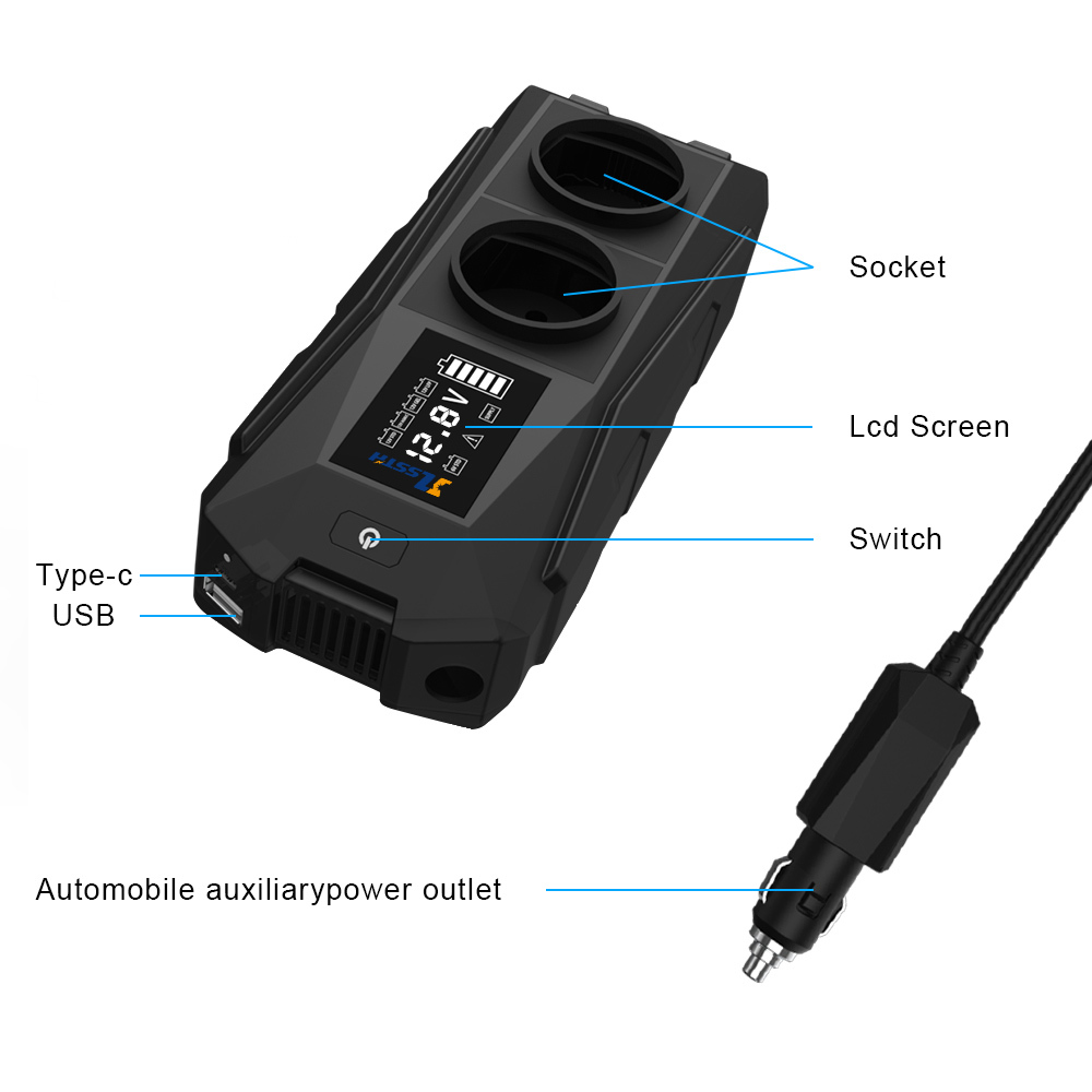 Portable 12V to 110V 220V Car Power Inverter with USB Type C