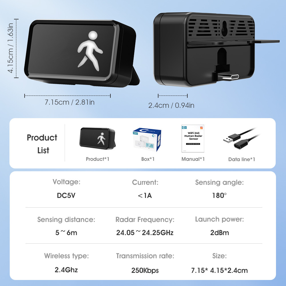 WiFi Human Presence Sensor 24GHz with Tuya APP Control, Breathing Light, and Millimeter Wave Motion Detection