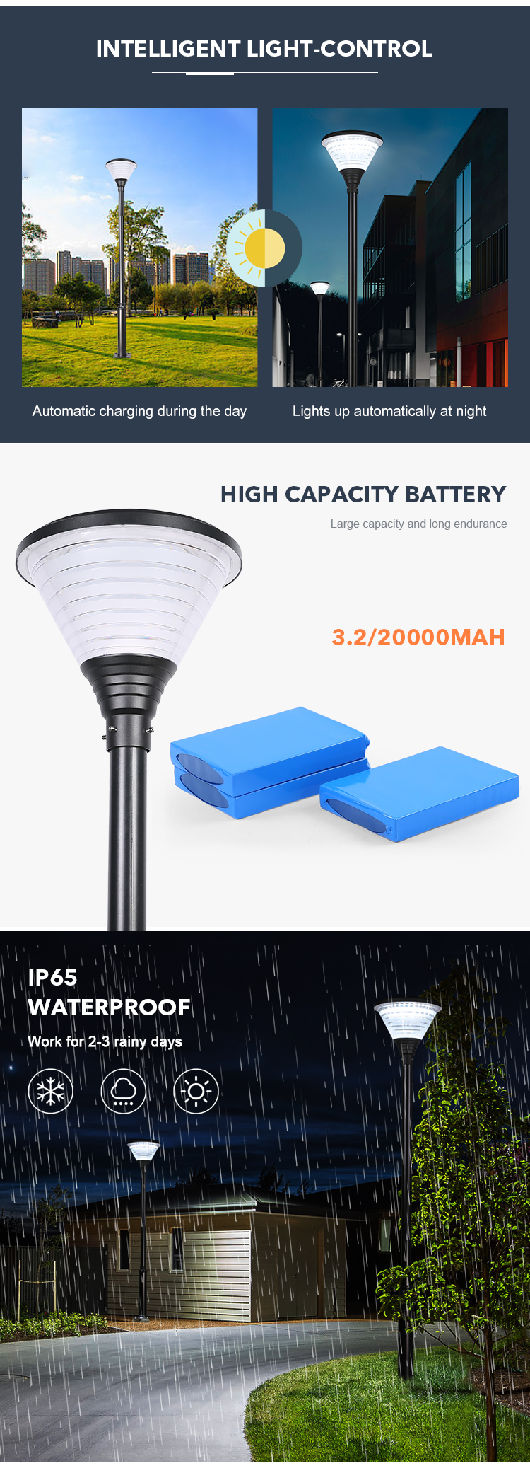Light Control Aluminum Pole Solar Waterproof Lights With Mono Solar Panel