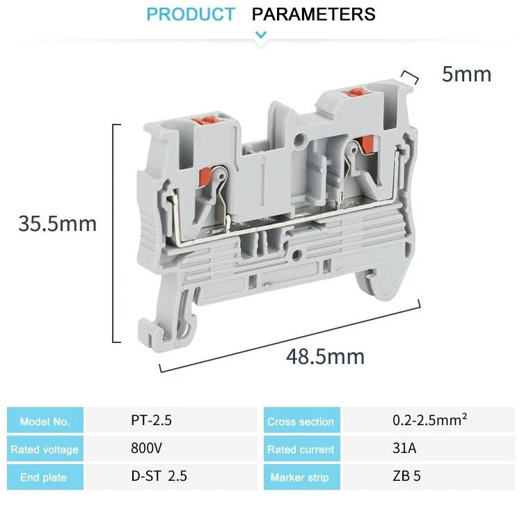 PT2.5 Push-in Terminal Block 2.5mm² Connector Spring Feed-Through Strip Plug PT-2.5 Wire Electrical Din Rail Contact