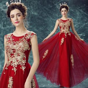 China Wine Red Lace Up Gold Appliques Slim Chiffon Gorgeous Evening Dress TSJY100 wholesale