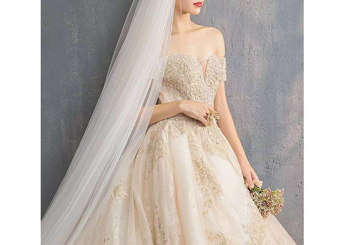 Champagne Off Shoulder Long Tail Bridal Gown Generous Lace Beading Custom Size