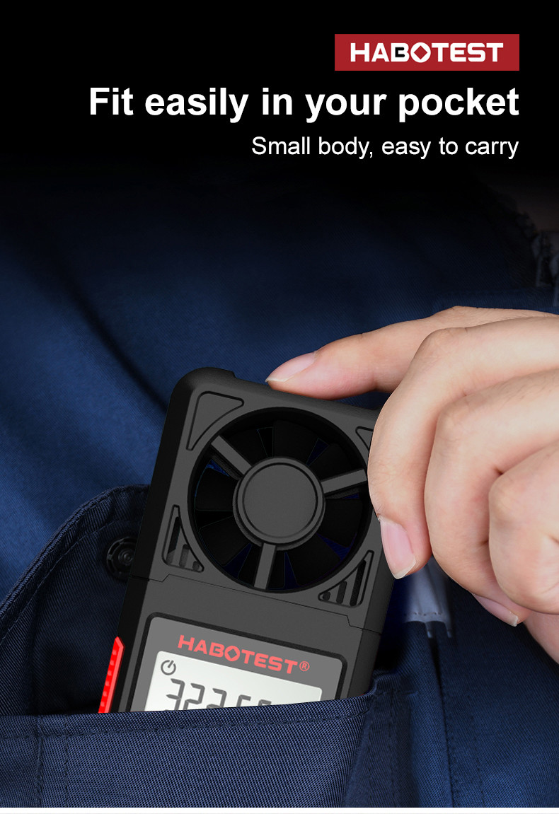 Data Hold Function HT605 Portable Digital Anemometer with Air Velocity Range 0.7-30m/s and Temperature Humidity Meter