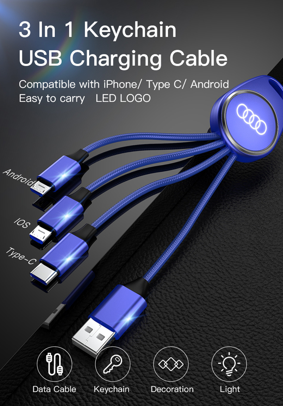 Portable Nylon Fast Charging 17cm Keychain USB Cable With LED Light