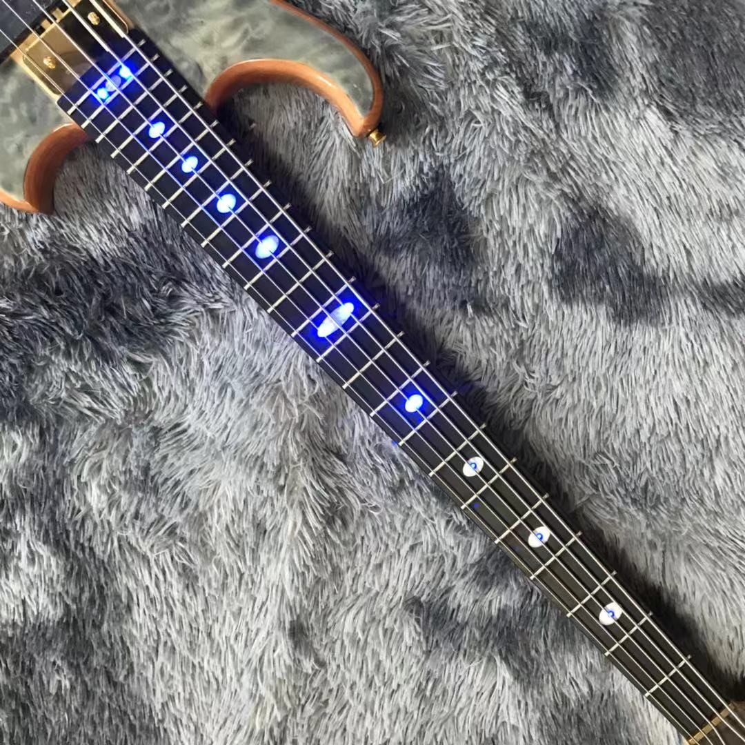 Custom Grand Neck Through Body Flamed Maple Top 5 Strings Bass Guitar Alem Cut Bottom Side LEDs