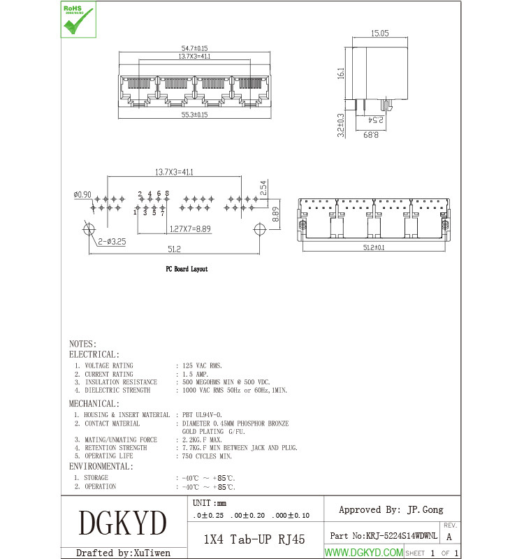 180 Degrees 1X4 RJ45 Multiple Port Connectors Top Entry Four Ports Ethernet Socket