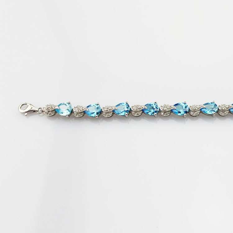 Sterling Silver Created Blue Topaz Clear CZ Diamonds Tennis Bracelet(B02BLUE)