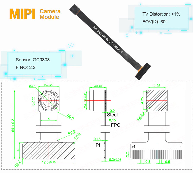 0.3MP Fixed Focus GC0308 VGA CMOS Camera Module Image Sensor Mipi Camera Module