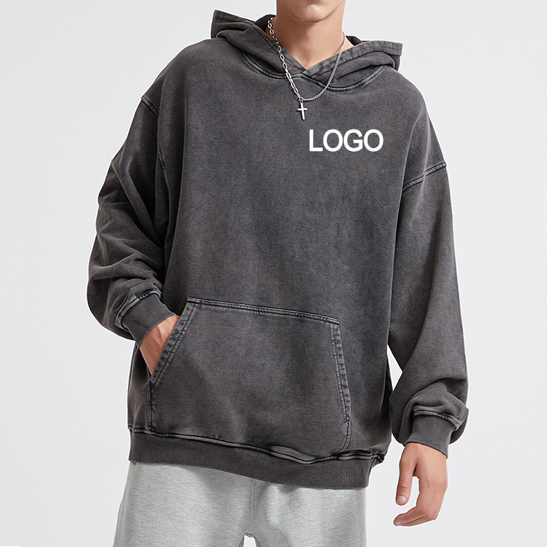 Vintage Hooded Sweatshirt Faded Distressed Acid Wash 420Gsm Heavyweight 100 Cotton Blank Oversized