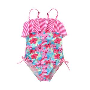 China Girl's Swimwear flower print Double-deck flouncing Swimsuit off shoulder swimwear one piece swimsuit wholesale