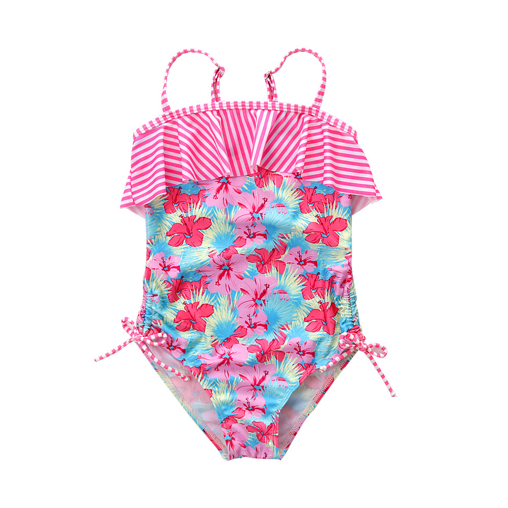 Girl's Swimwear flower print Double-deck flouncing Swimsuit off shoulder swimwear one piece swimsuit