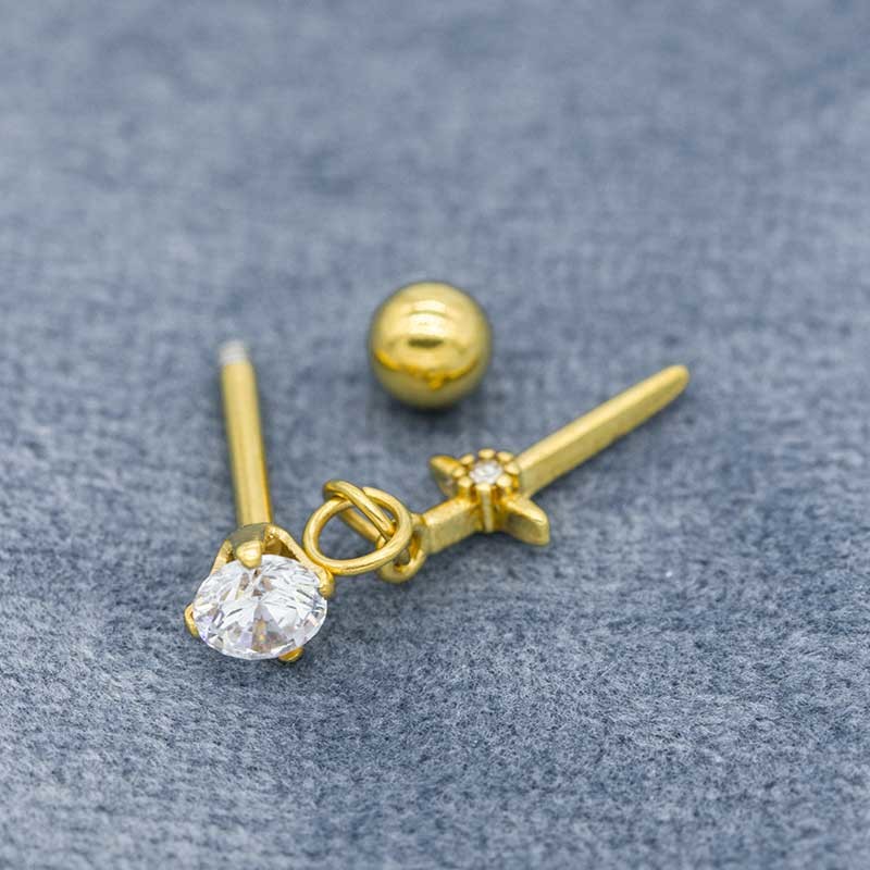 Clear Cz Gems Gold Ear Studs Helix Piercing Earrings 16G With Cross Dangle