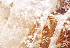 China White Flower Embroidered Nylon Mesh Lace Fabric , Wedding Bridal Dress Lace Fabric wholesale