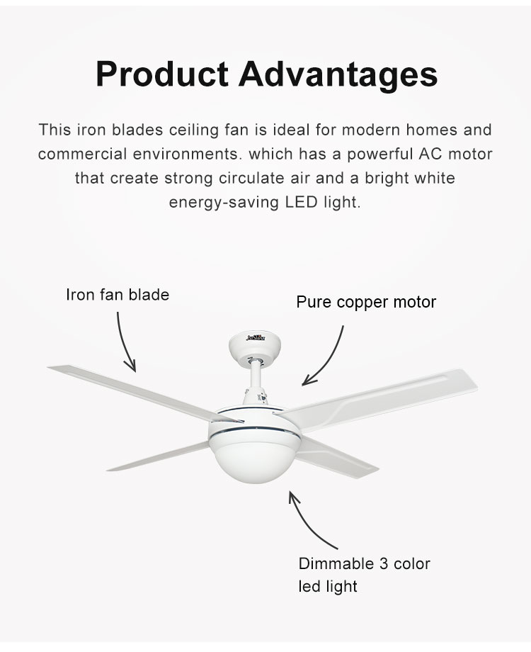 Power Source Electric 48 Inch Iron Blades Stainless Steel Ceiling Fan with LED Light