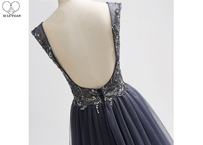 Long Tail A Line Ball Gown Navy Blue V Neck No Arm Backless Heavy Beading Tulle