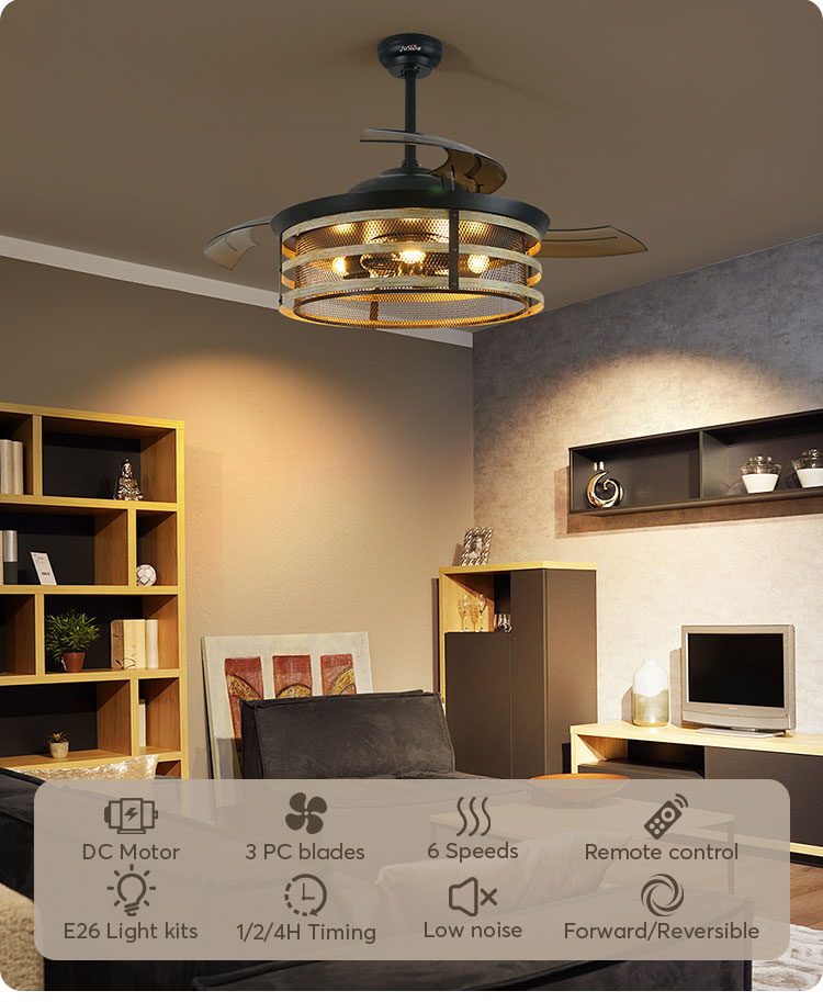 52 inches Big Airflow Retractable Ceiling Fan with Hidden Blades and Memory Function