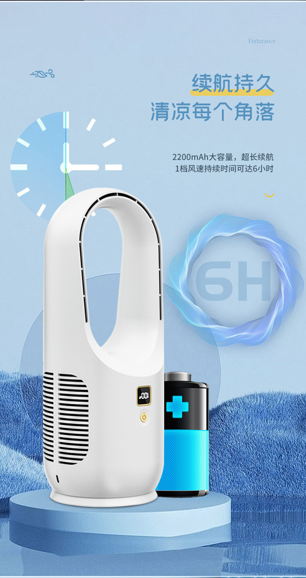 Rechargeable Desktop Bladeless Fan with Battery Power Source 145*145*370MM Dimensions