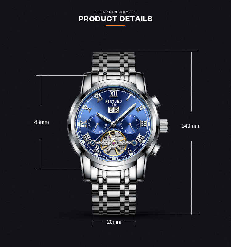 KINYUED tourbillon mechanical watch men oem waterproof stainless steel back automatic wristwatch