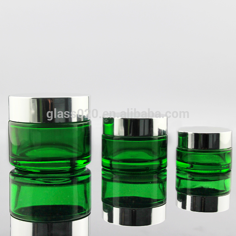 Empty Green Cream Glass Jars 5g-100g With Silver Lid For Cosmetic