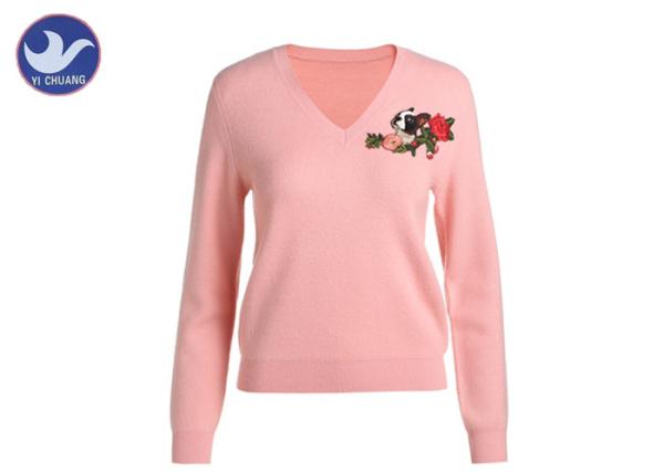 Pink Women's Long Sleeve Sweaters , V Neck Knitted Jumper Dog Flower Embroidered