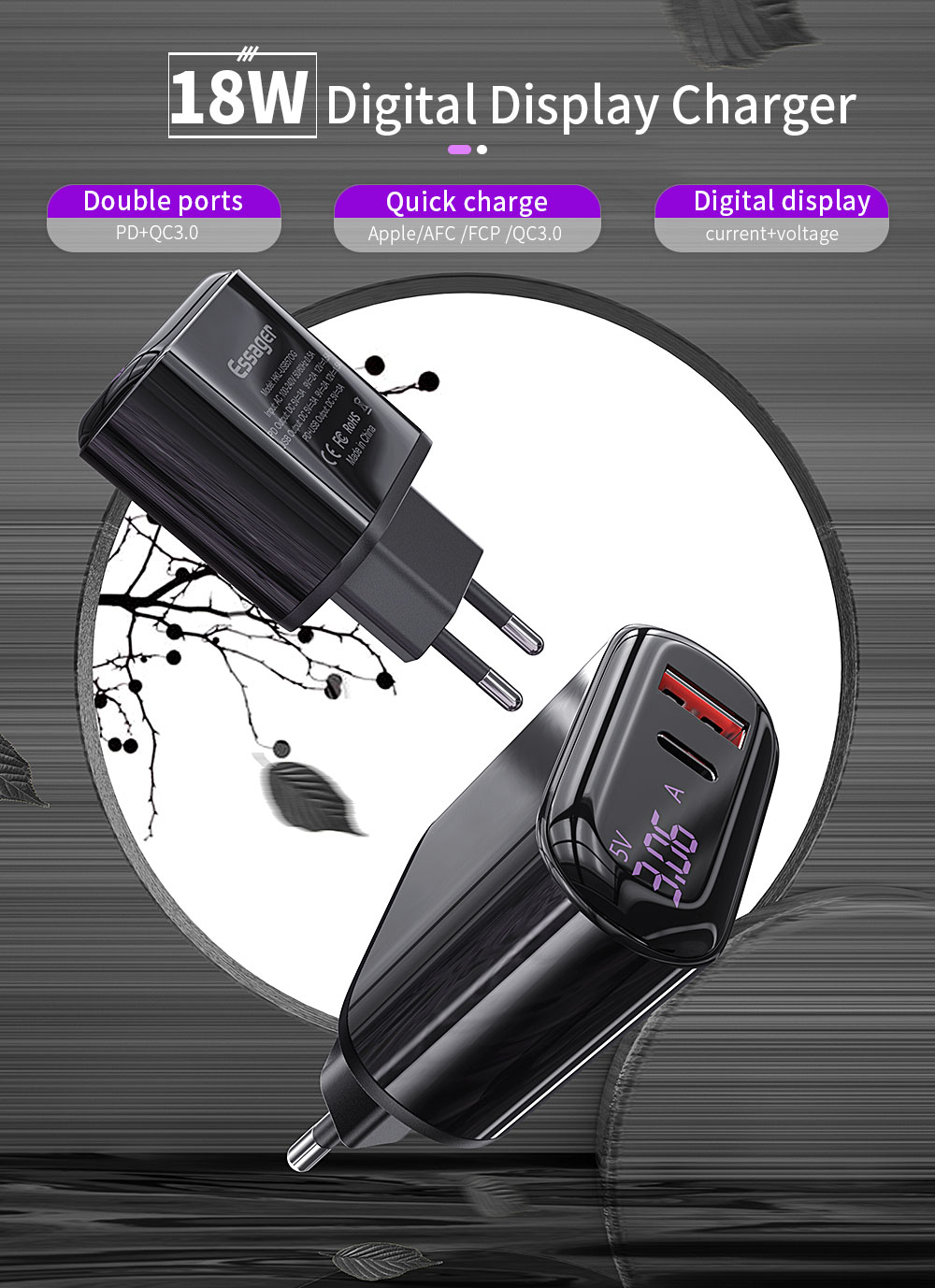 Essager 2021 Shining LED Display 3A Fast Charger USB Type Charger Cable USB PD QC3.0 Mobile Phone Charger
