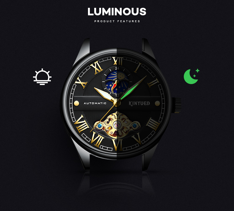 KINYUED luminous moon phase luxury black watch tourbillon automatic mechanical watch for men