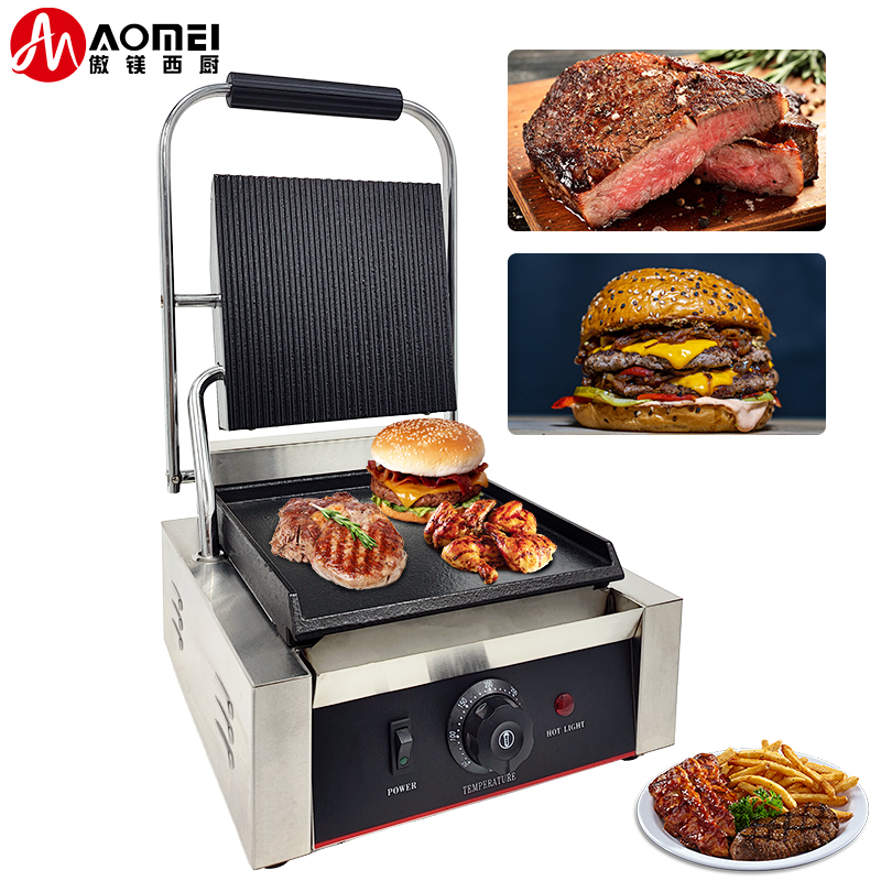 Non Stick Coated Stainless Steel Panini Press with Top Grooved and Bottom Flat Plates