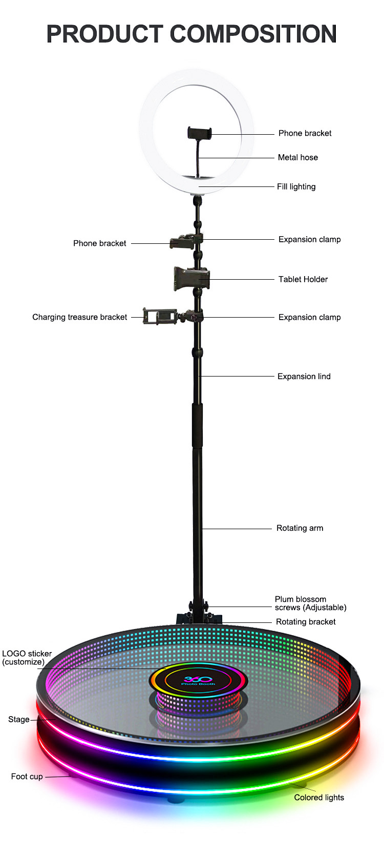 Tempered LED Glass 360 Camera Booth 360 Photo Booth With Ring Light Selfie Holders