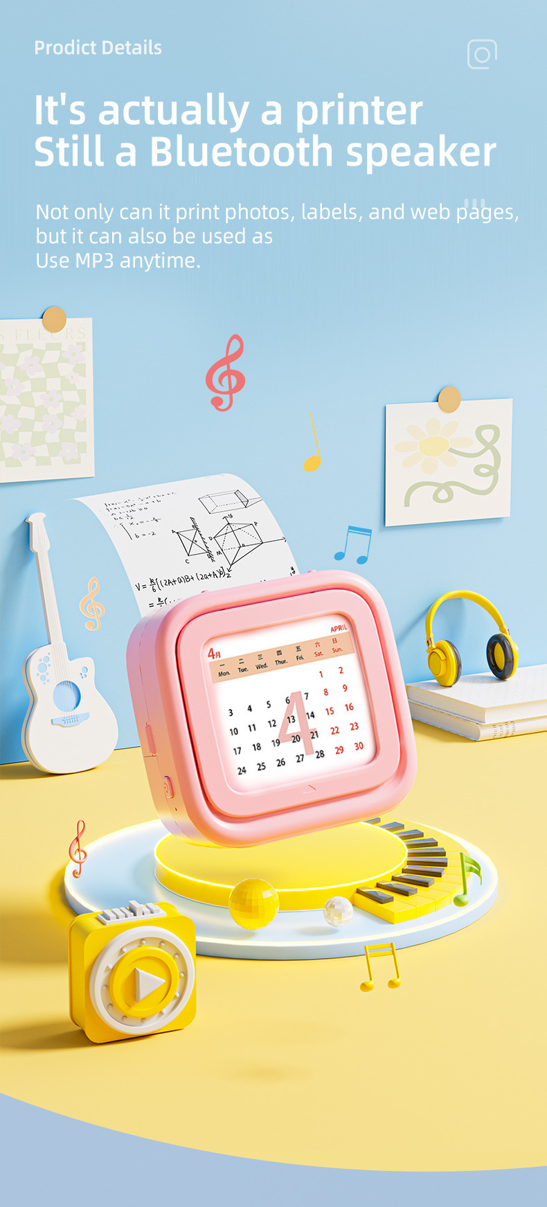 New Design Mini Label Printer BT Connection With MP3 Music Player