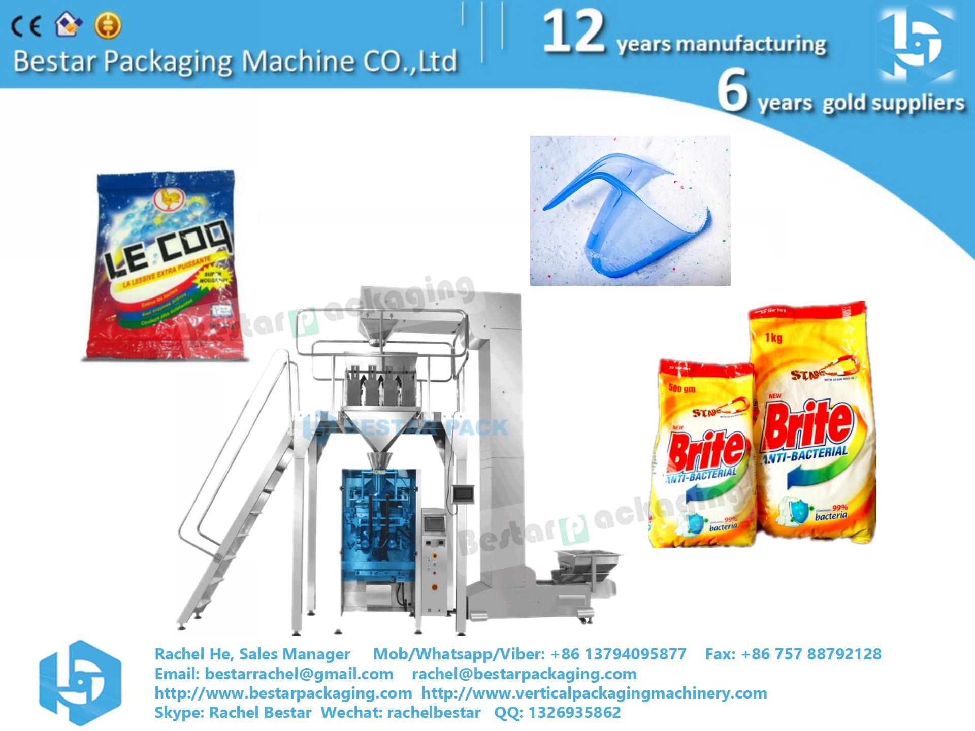 Stand pouch bag packing machine for washing powder, detergent powder, with spoon feeding