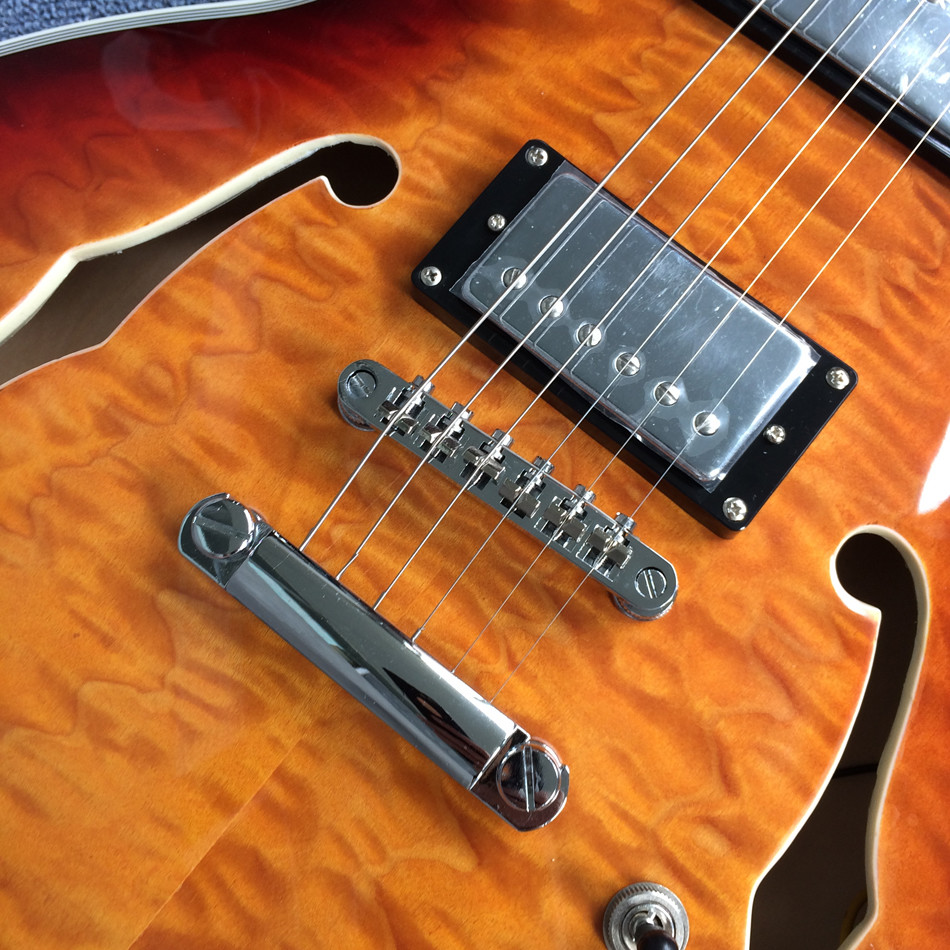 Double F holes jazz electric guitar,Rosewood Fingerboard,burst color Quilte Maple with Red back