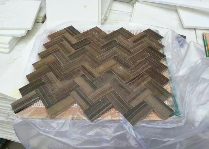 Kitchen Natural Stone Floor Tiles , Marble Herringbone Mosaic Tile 1" X 3" Chip Size