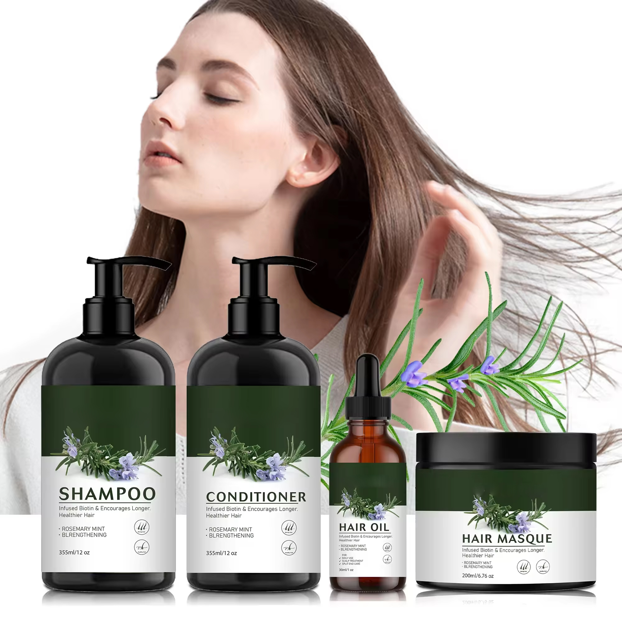 Vegan Hair Care Rosemary Mint Strengthening Oil Control Hair Growth Shampoo Conditioner Hair Oil Masque Mask Set