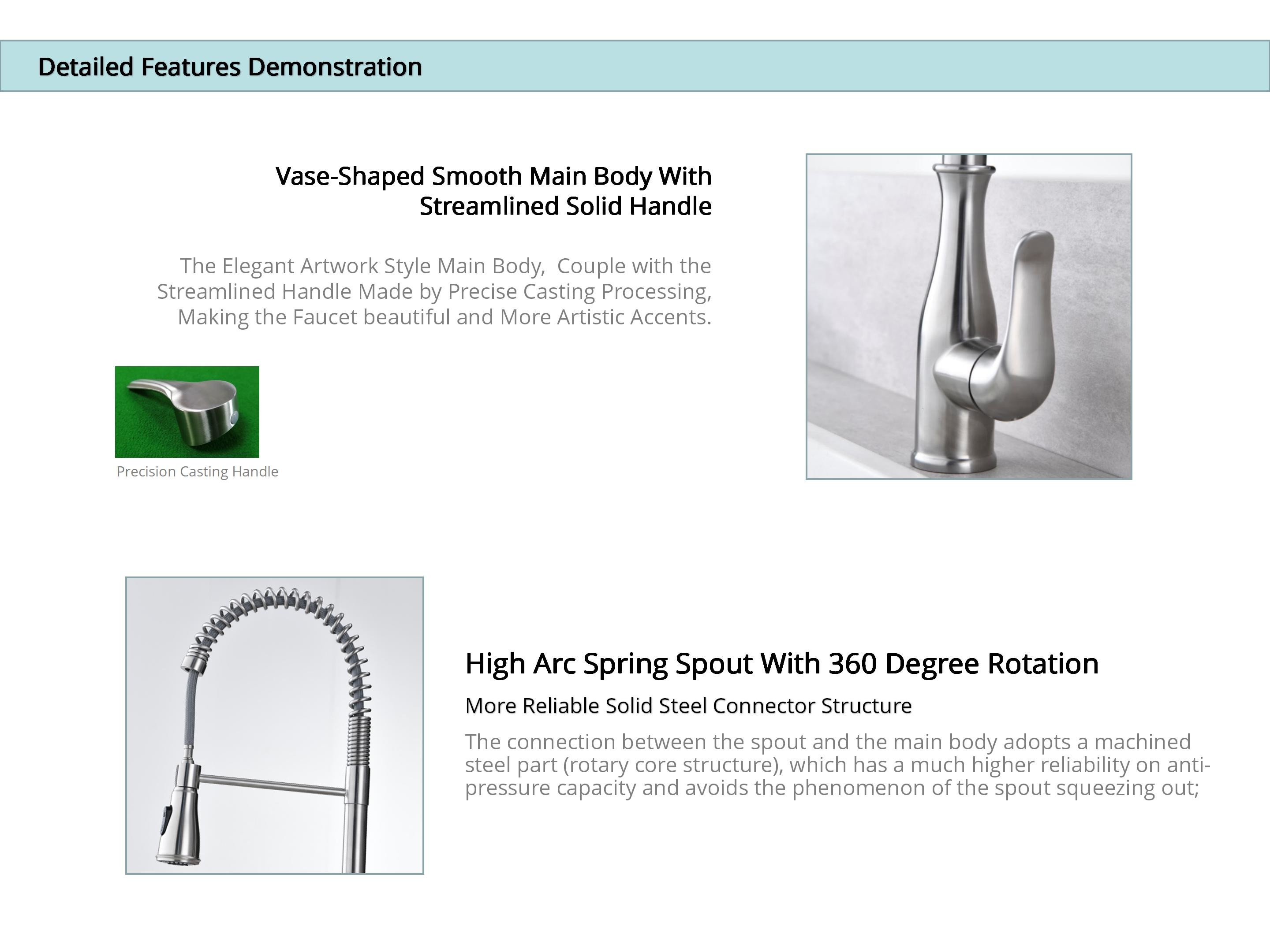 360 Degree Swiveling Spring Coil Kitchen Faucet CUPC Ceramic Cartridge Water Tap